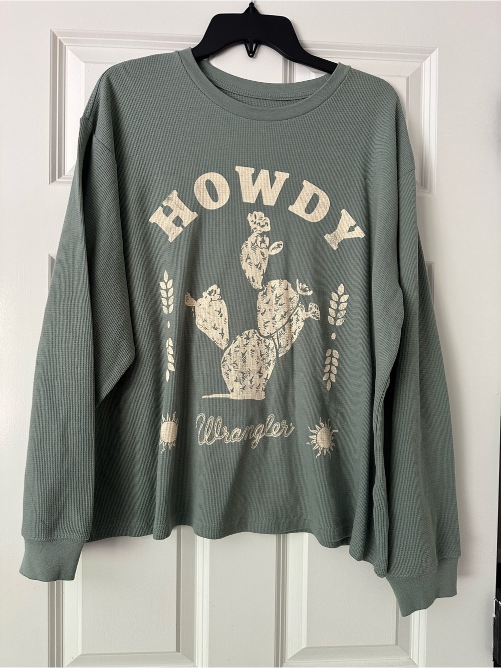 Wrangler sage green waffle-knit long sleeve top with white logo